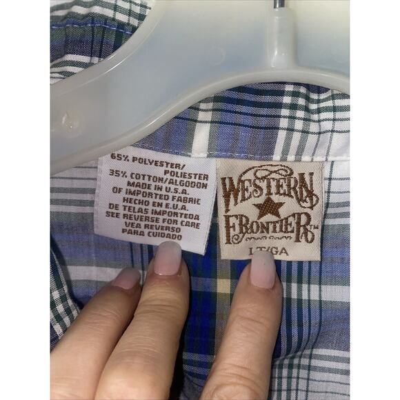 VTG Western Frontier Men's Shirt Blue Plaid Pearl Snap 2 Pocket Short Sleeve LRG - Picture 4 of 5